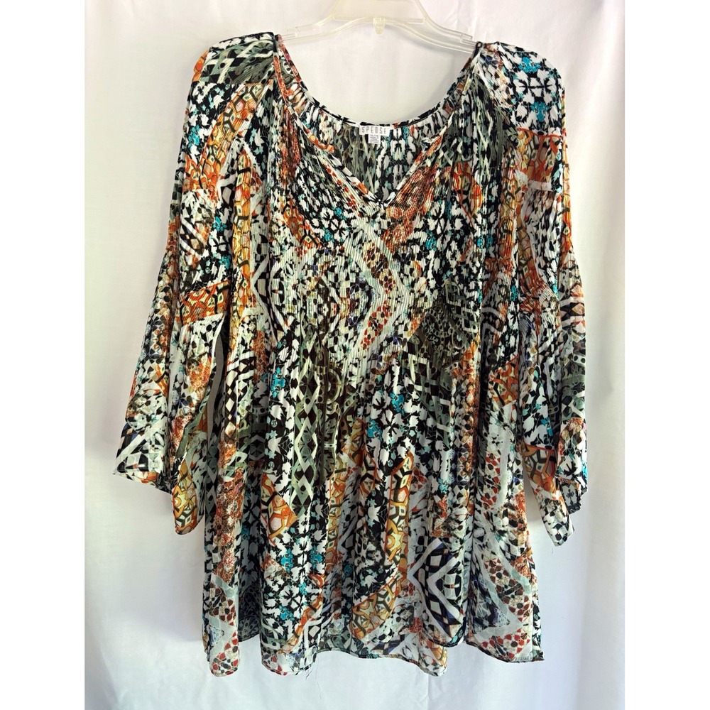 Spense Women's Multicolor Geometric Pleated V-Neck Knit Blouse 3/4 XL